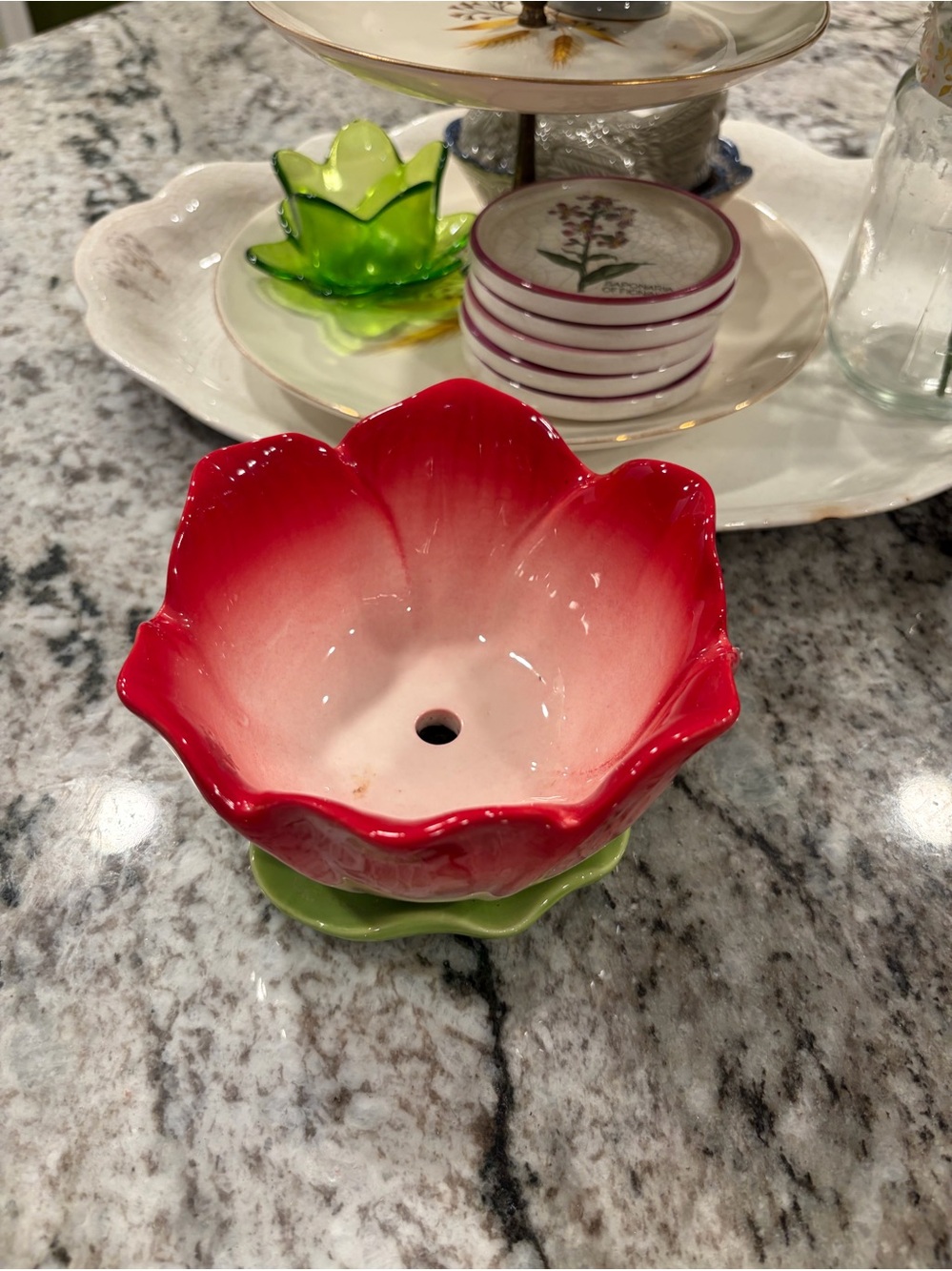 Red Ceramic Flower Planter with Green Saucer - Home Accents
